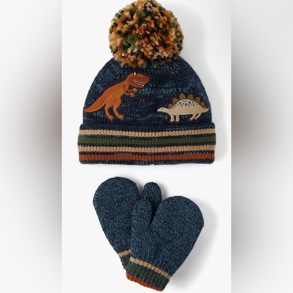 Kids Dinosaur Knit Hat and Mittens Set - Blue